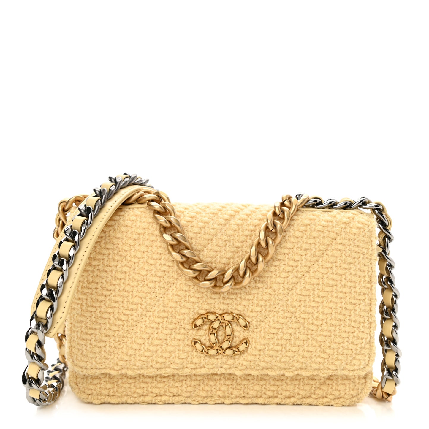 Wool Tweed Quilted Chanel 19 Wallet On Chain WOC Yellow