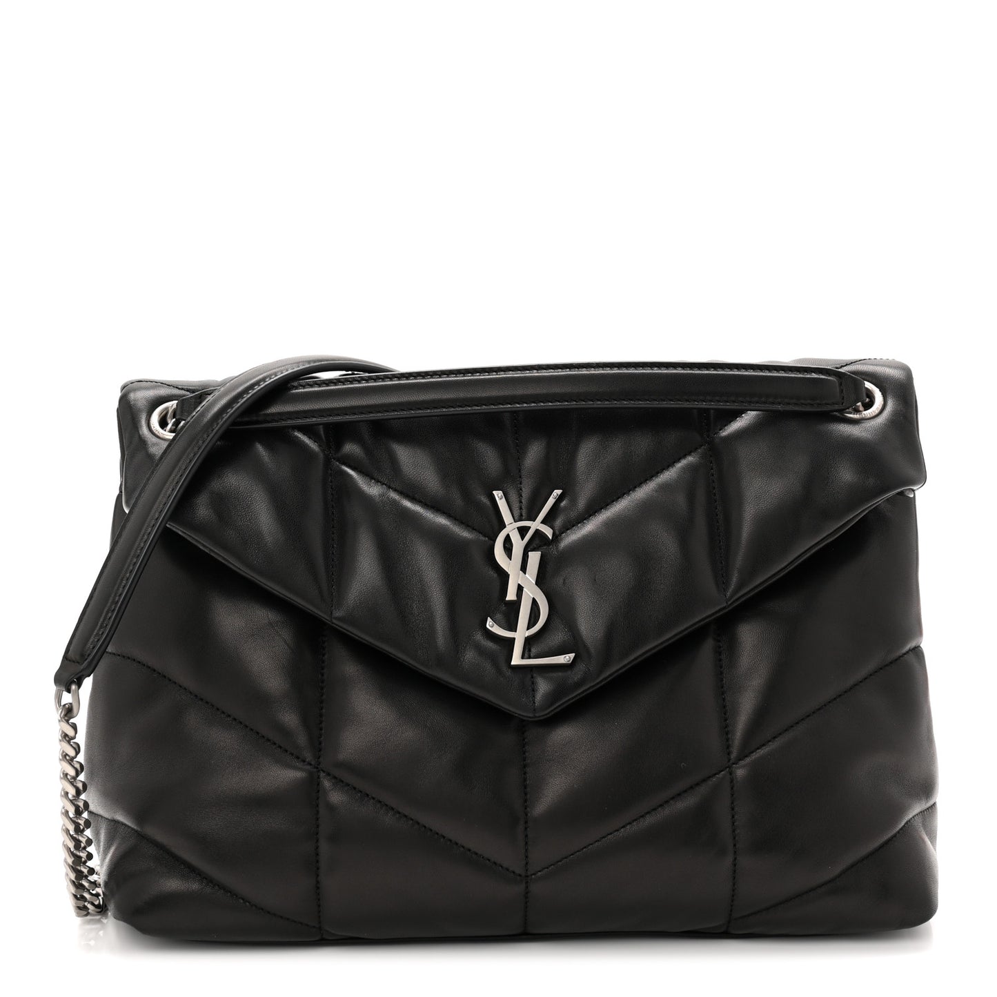 Lambskin Quilted Medium Loulou Puffer Monogram Chain Satchel Black