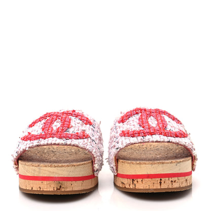 Chanel Tweed Lambskin Logo Mules 38 Pink Red 2 of 9