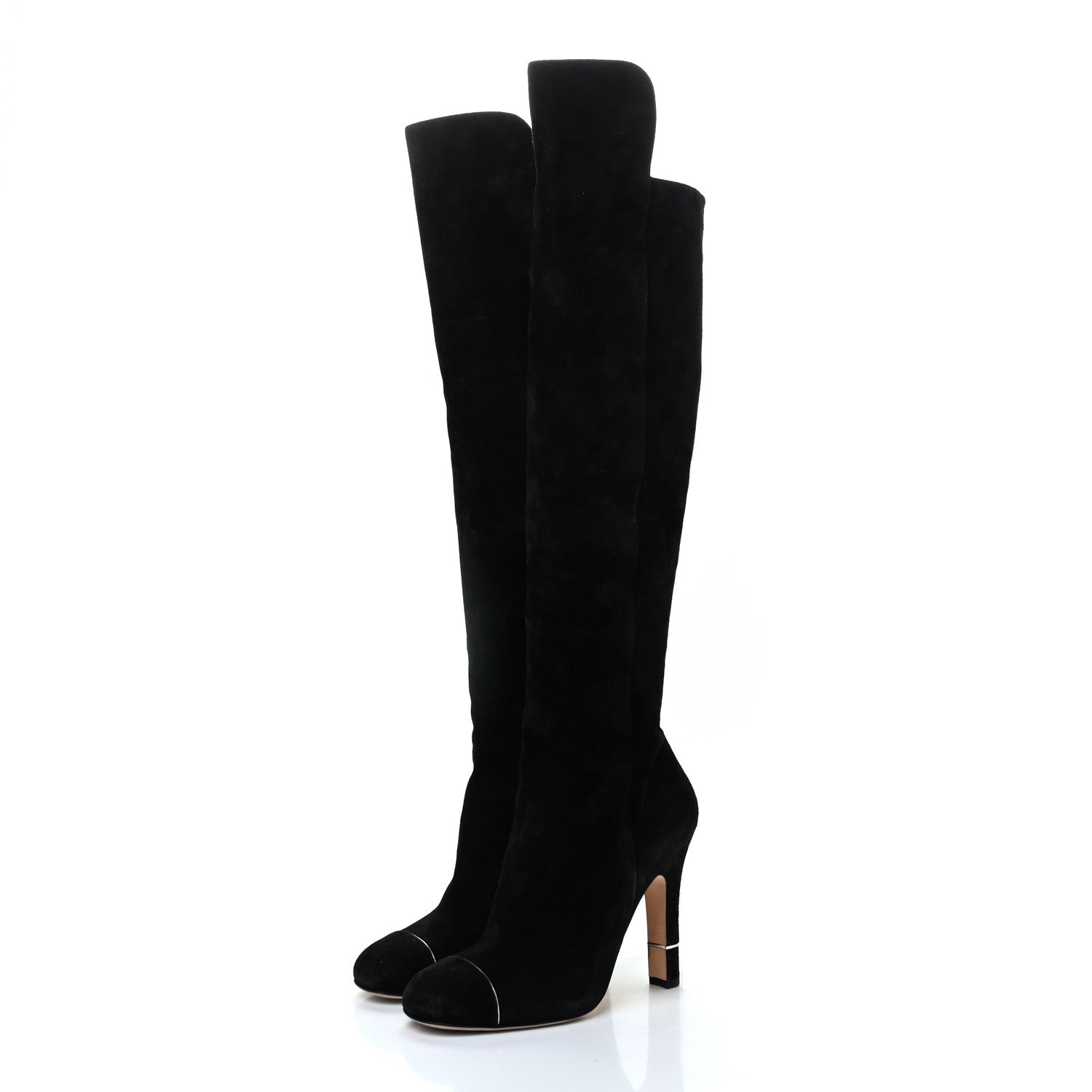 Chanel Suede Calfskin CC Cap Toe Knee High Boots 38 Black 3 of 10
