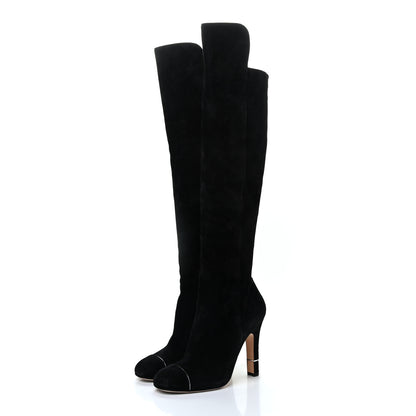Chanel Suede Calfskin CC Cap Toe Knee High Boots 38 Black 3 of 10