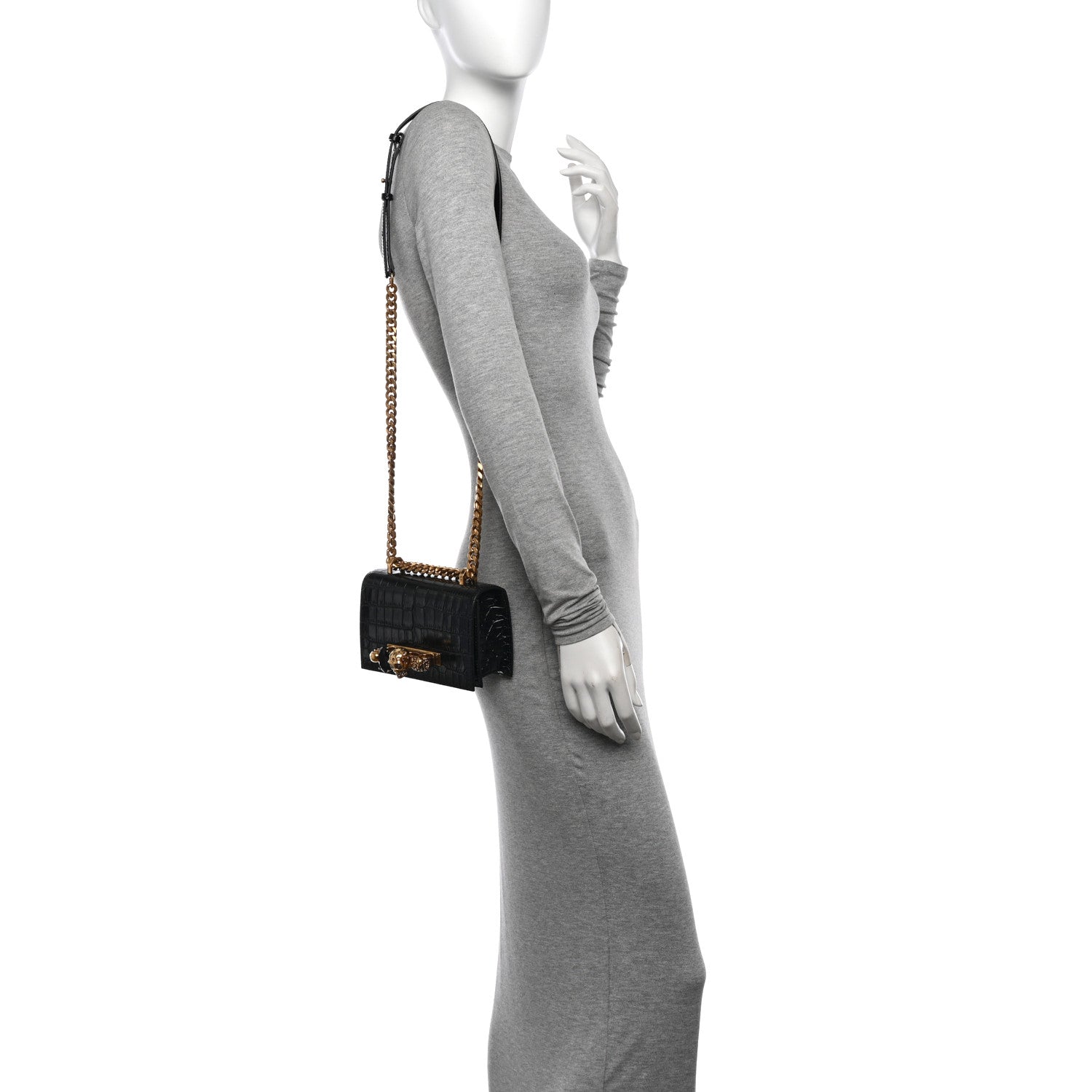 Alexander McQueen Shiny Crocodile Embossed Jeweled Satchel Black 2 of 11