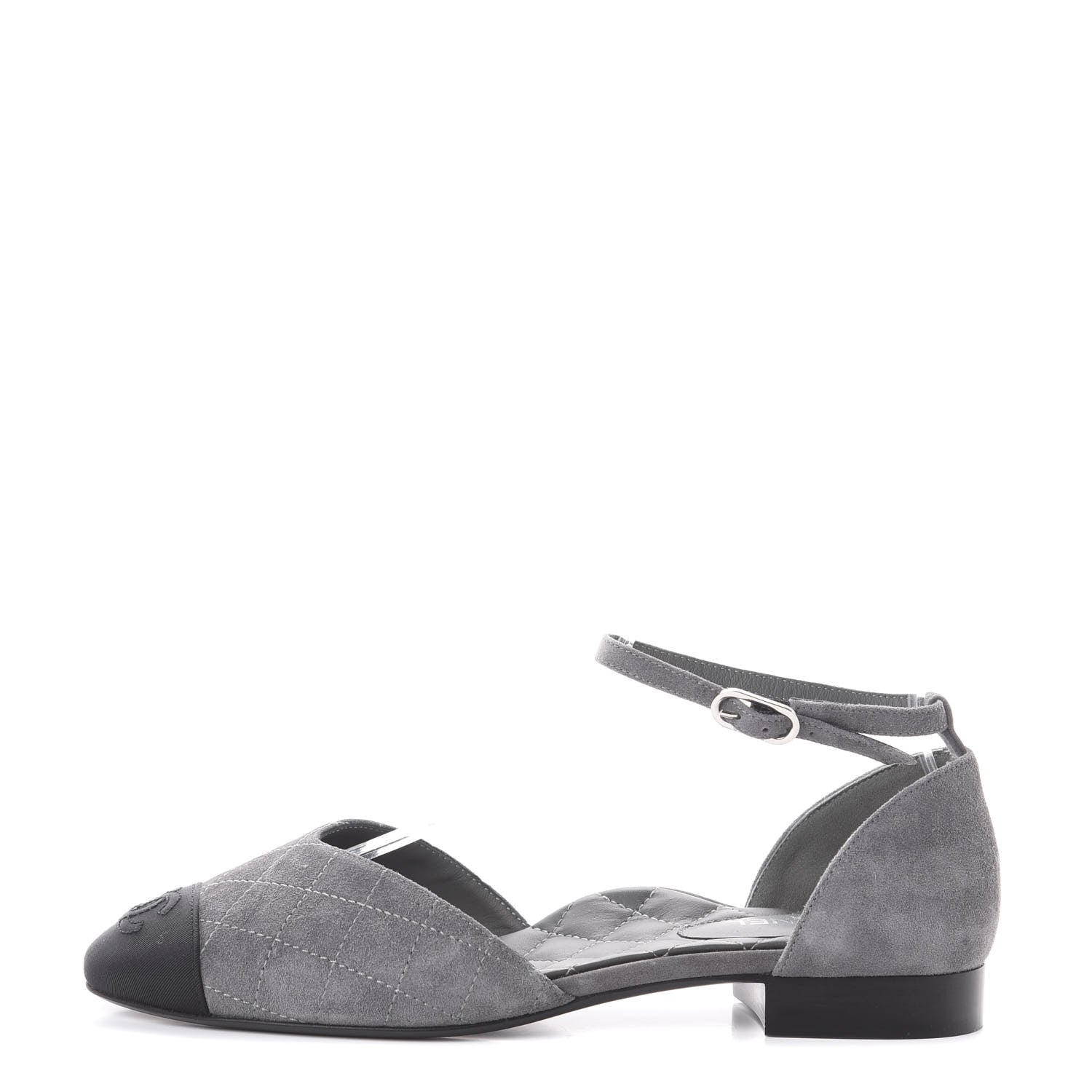 Chanel Suede Grosgrain Cap Toe CC Ankle Strap Sandals 37.5 Grey Black 1 of 7