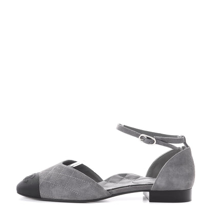 Chanel Suede Grosgrain Cap Toe CC Ankle Strap Sandals 37.5 Grey Black 1 of 7