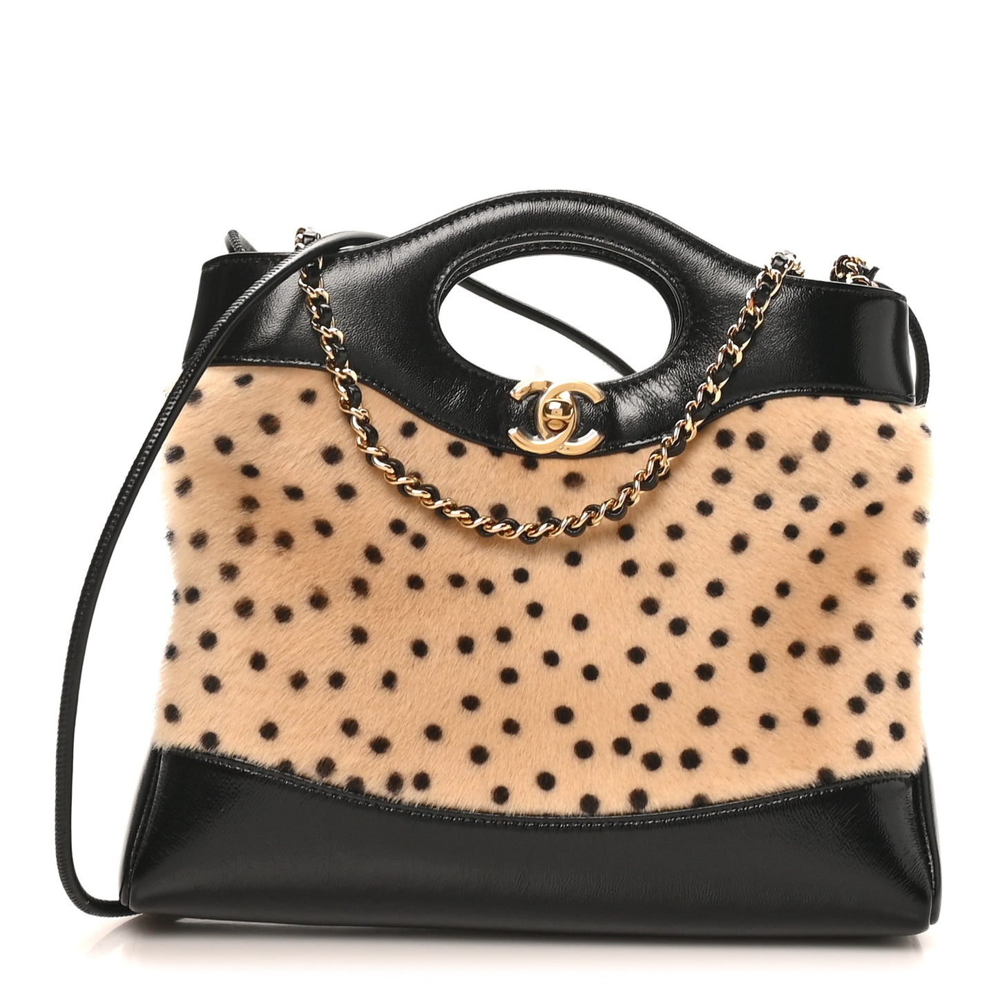 Shiny Lambskin Pony Hair Cheetah Printed Mini 31 Shopping Bag Light Beige Black Light Beige Black