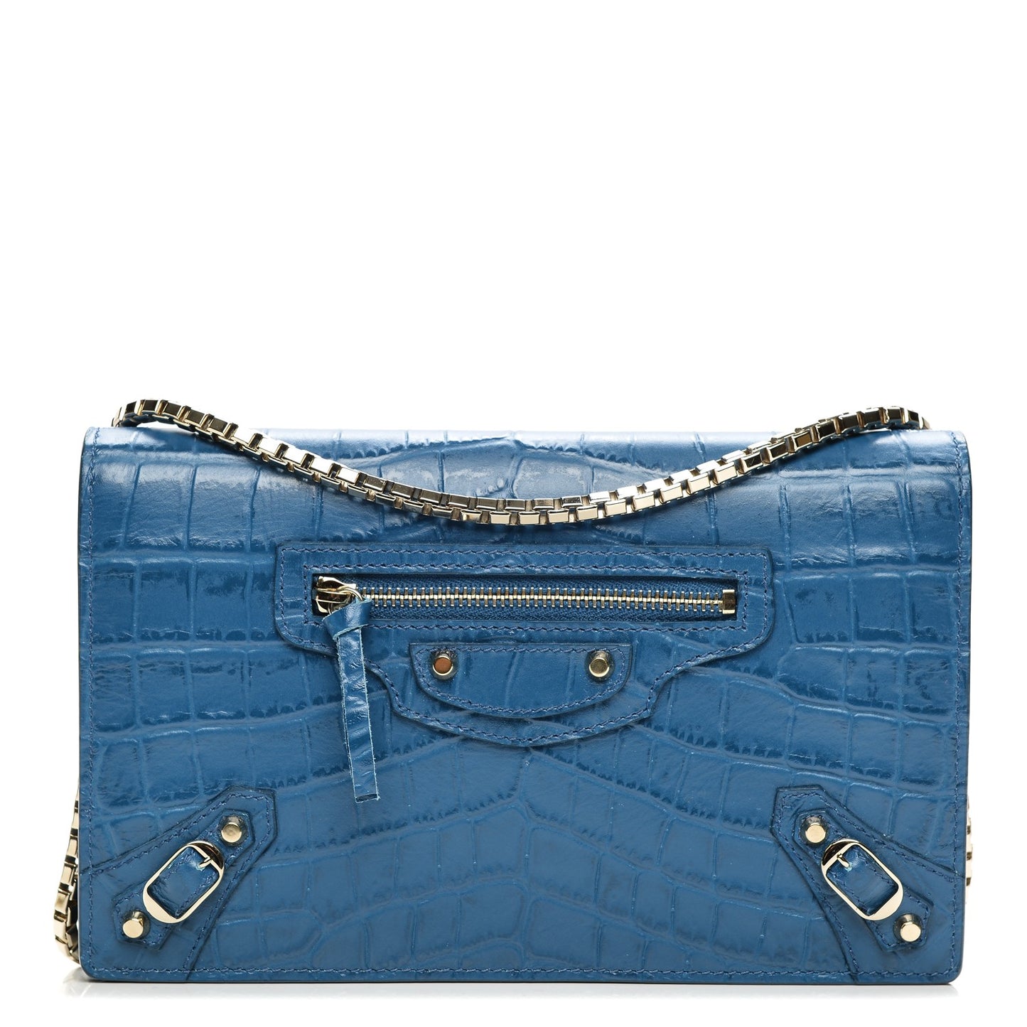 Calfskin Crocodile Embossed Classic Gold Hardware Wallet on Chain Bleu Marine