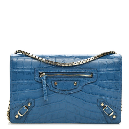 Balenciaga Calfskin Crocodile Embossed Classic Gold Hardware Wallet on Chain Bleu Marine 1 of 7