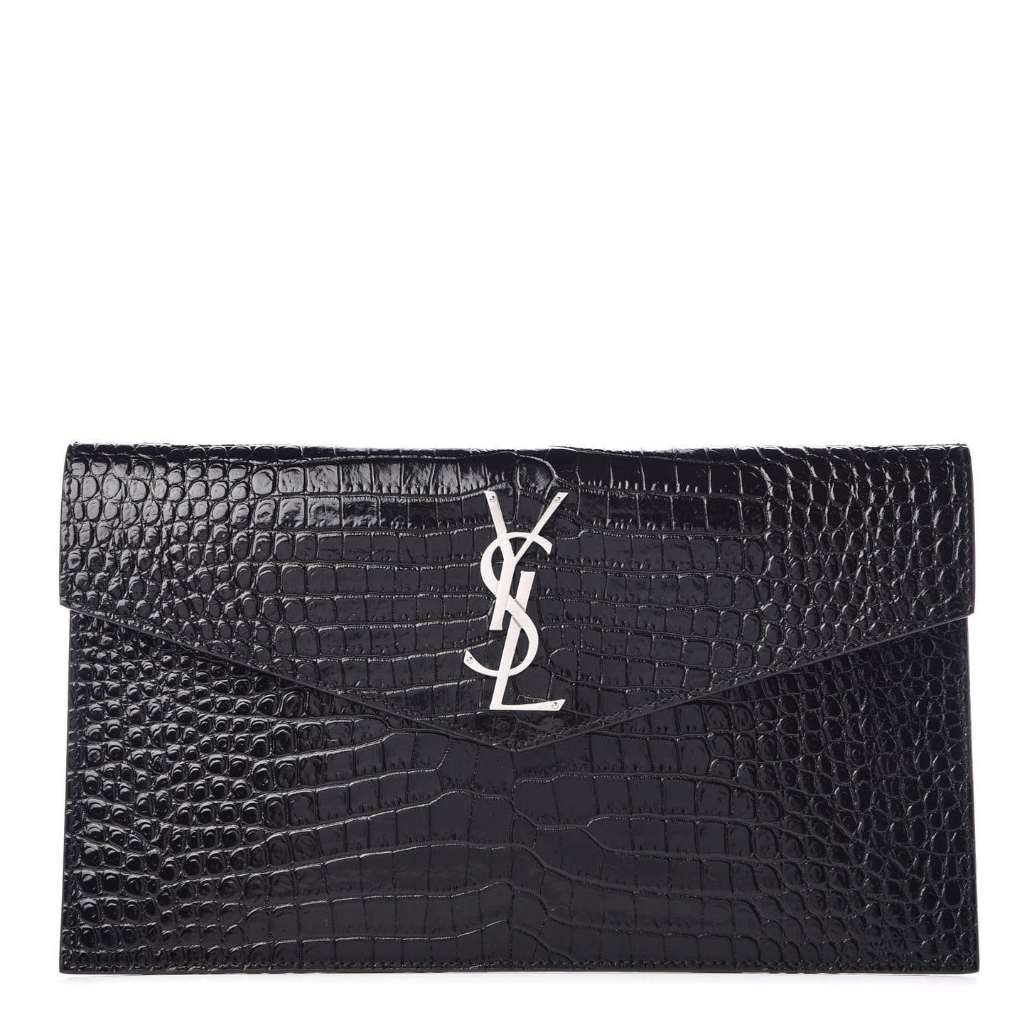 Calfskin Crocodile Embossed Uptown Monogram Clutch Black