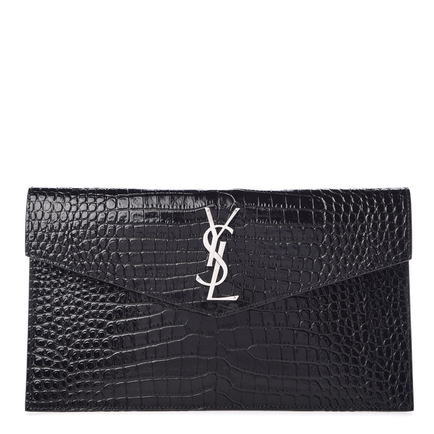 Saint Laurent Calfskin Crocodile Embossed Uptown Monogram Clutch Black 1 of 7