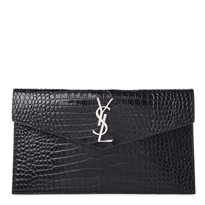 Saint Laurent Calfskin Crocodile Embossed Uptown Monogram Clutch Black 1 of 7