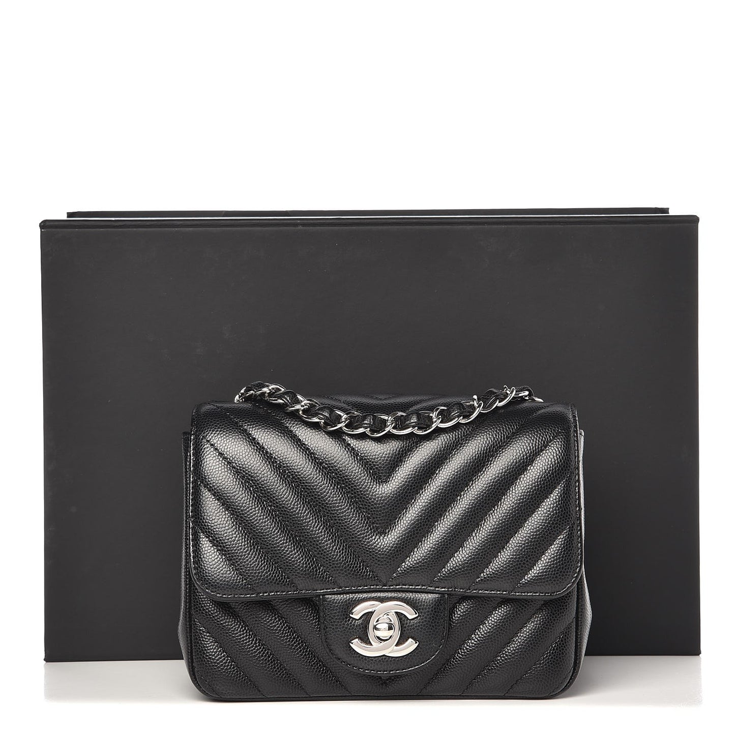 Caviar Chevron Quilted Mini Square Flap Black