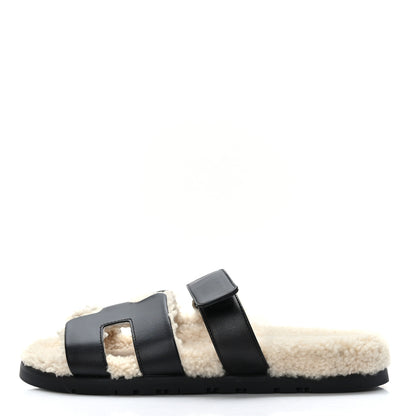 Hermes Calfskin Woolskin Womens Chypre Sandals 38.5 Black Ecru 1 of 8