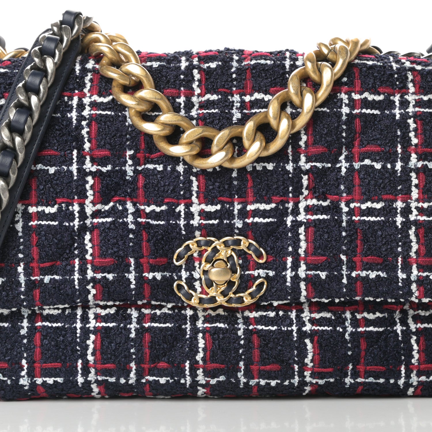 Chanel Tweed Quilted Large Chanel 19 Flap Navy Blue White Red 8 of 13