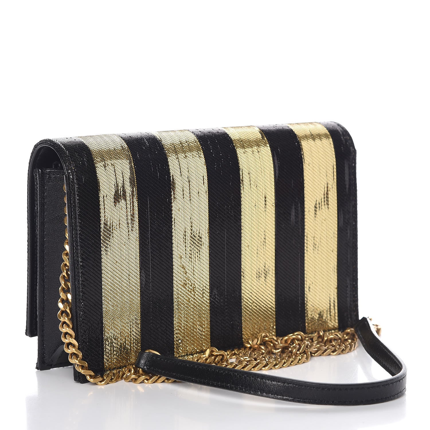 Saint Laurent Sequin Striped Classic Monogram Kate Tassel Chain Wallet Black Gold 5 of 18