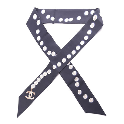 Chanel Silk Pearl CC Slim Bandeau Scarf Navy 1 of 3