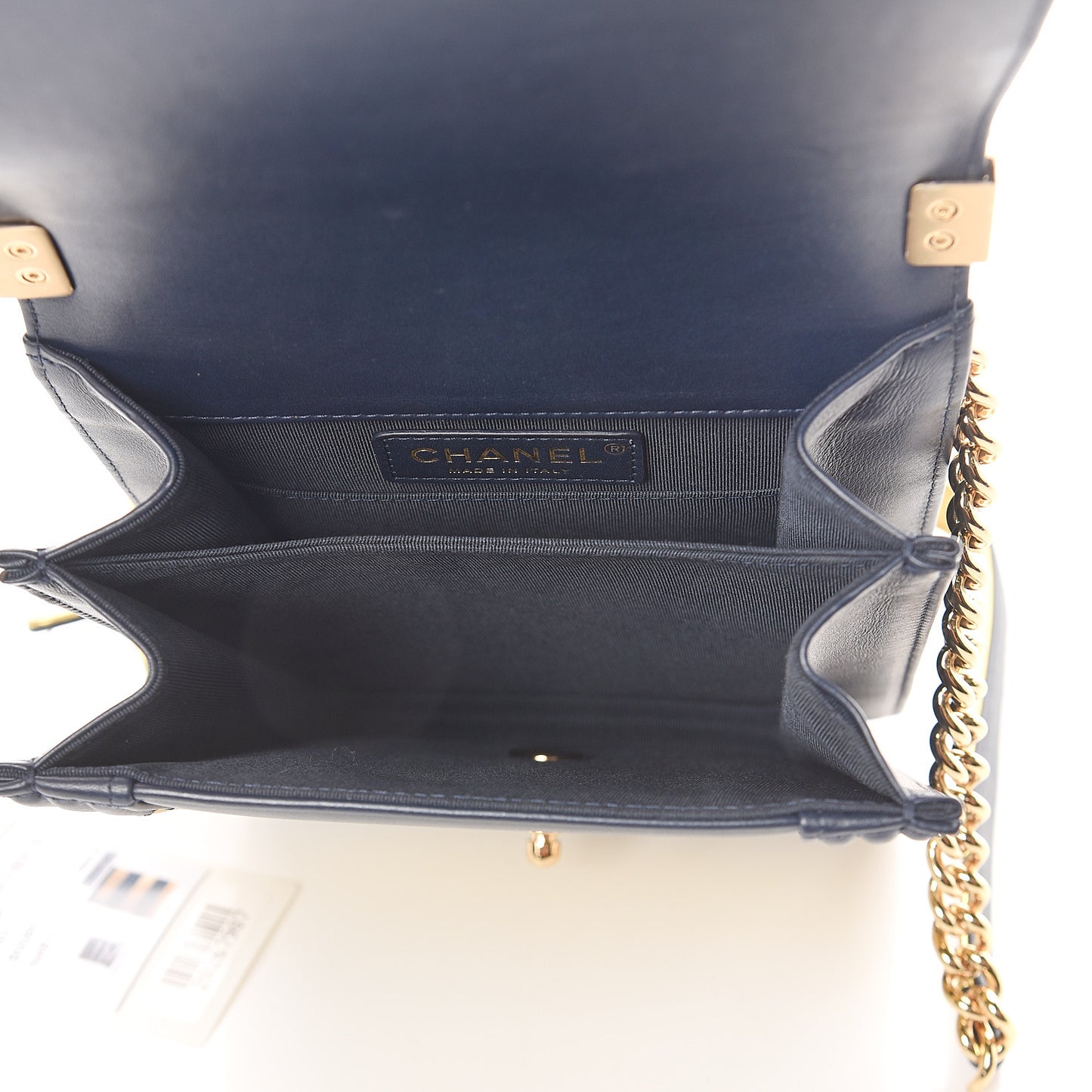 Metallic Lambskin Striped North South Boy Flap Navy Gold