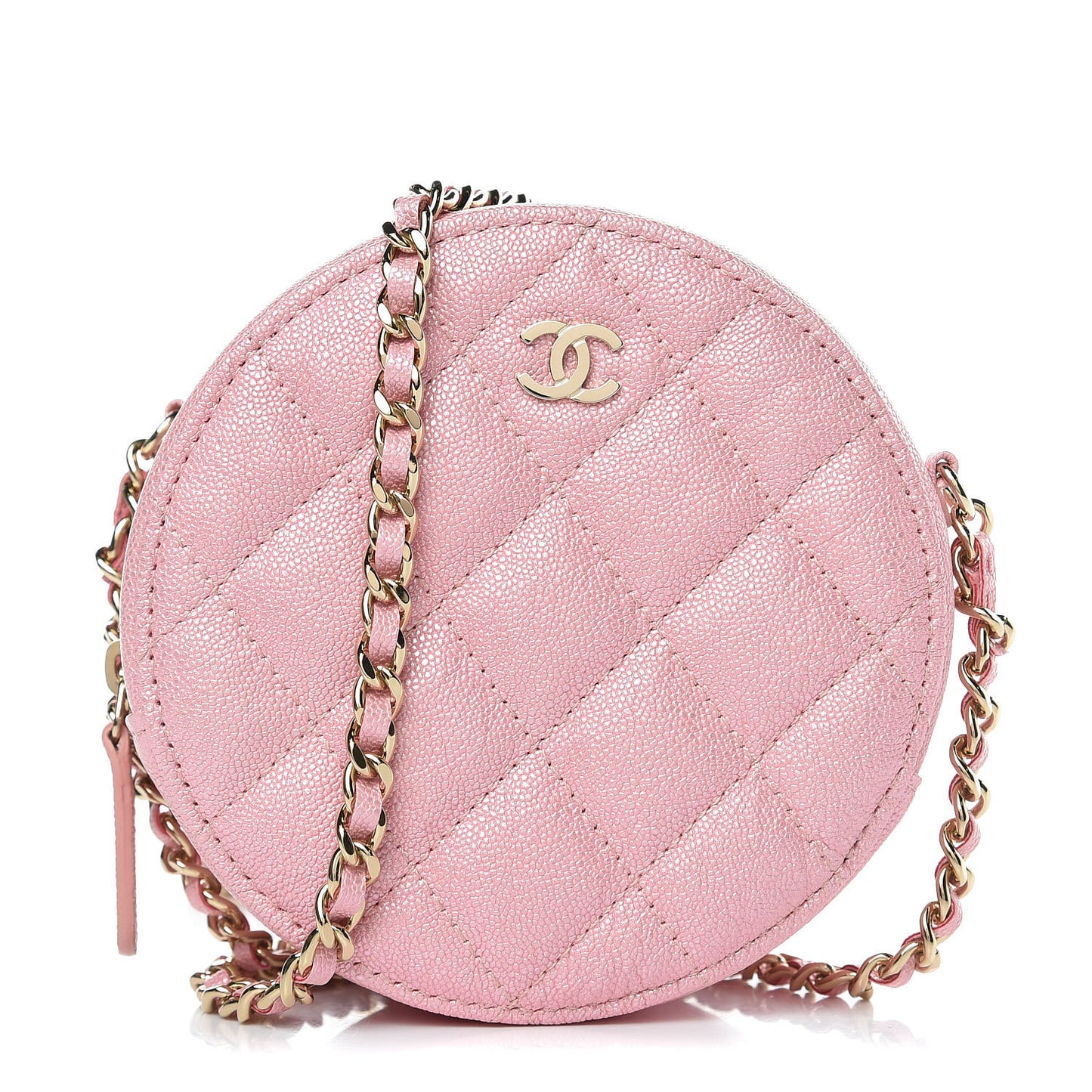 Iridescent Caviar Quilted Round Clutch With Chain Pink