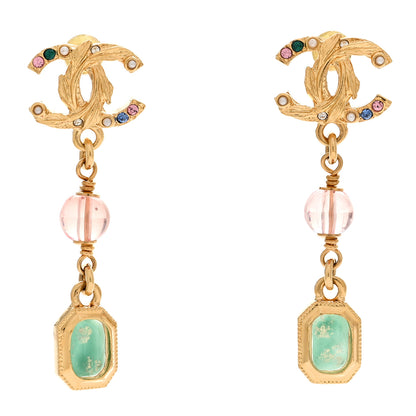 Chanel Crystal Pearl Glitter CC Drop Earrings Gold Green Pink 1 of 5