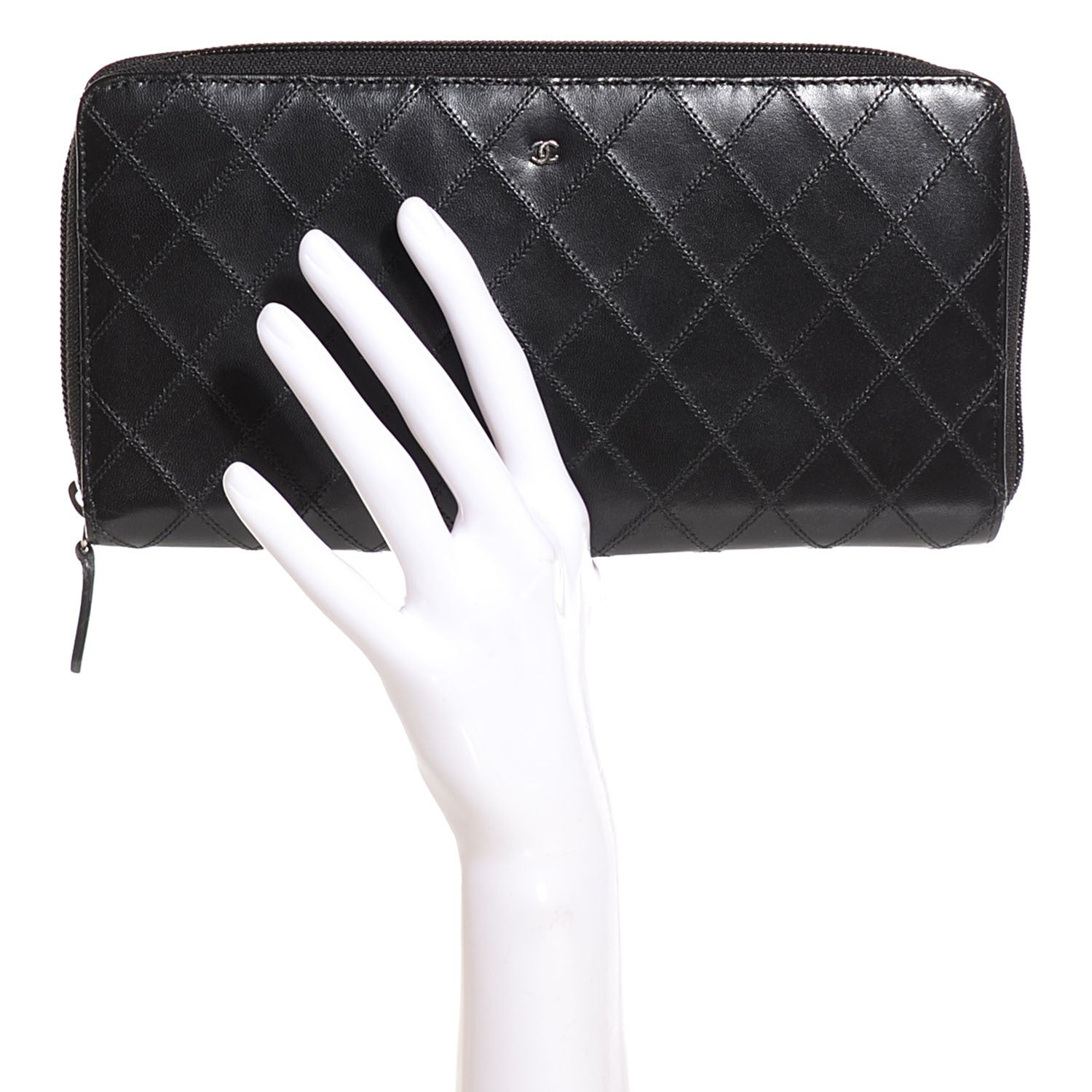 Chanel Lambskin Diamond Stitched Large Zip Around Wallet Black 2 of 7
