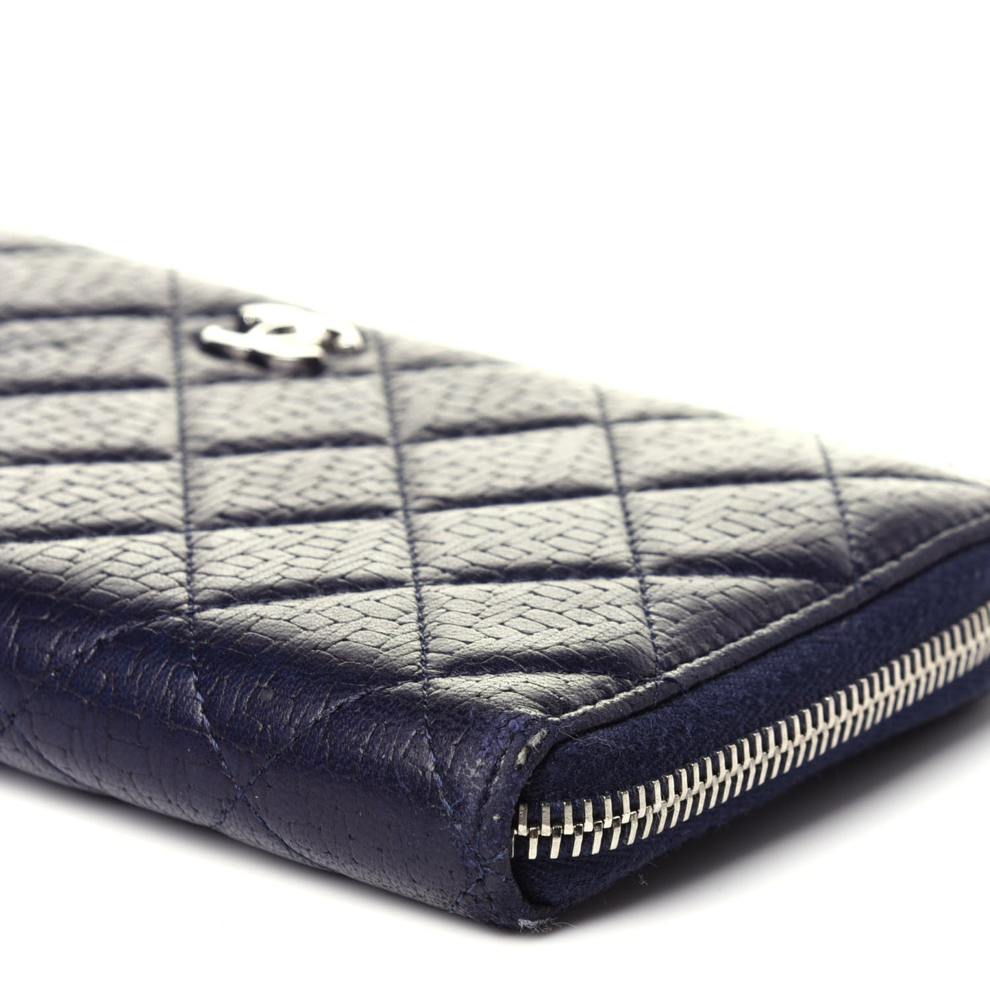 Woven Lambskin Quilted Large Zip Around Wallet Navy
