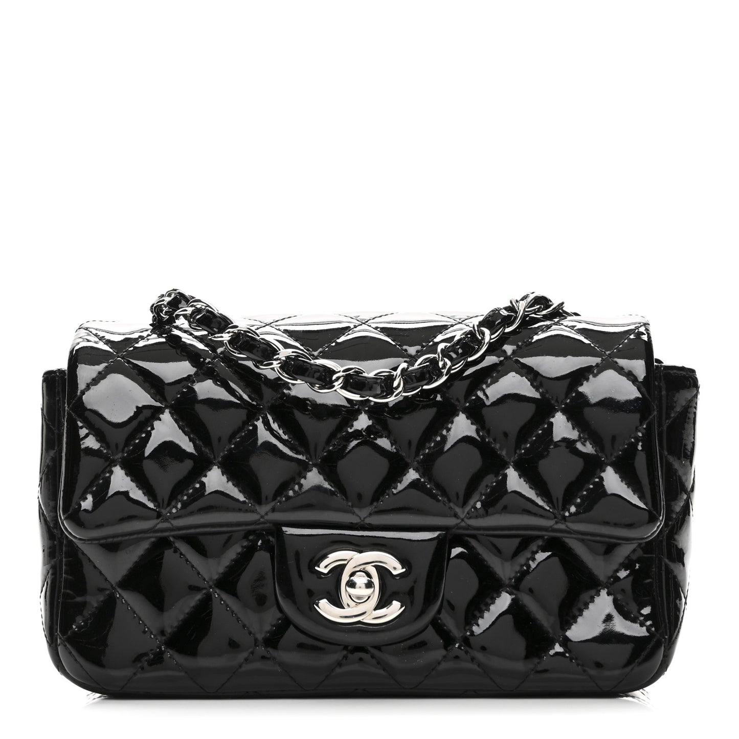 Patent Calfskin Quilted Mini Rectangular Flap Black