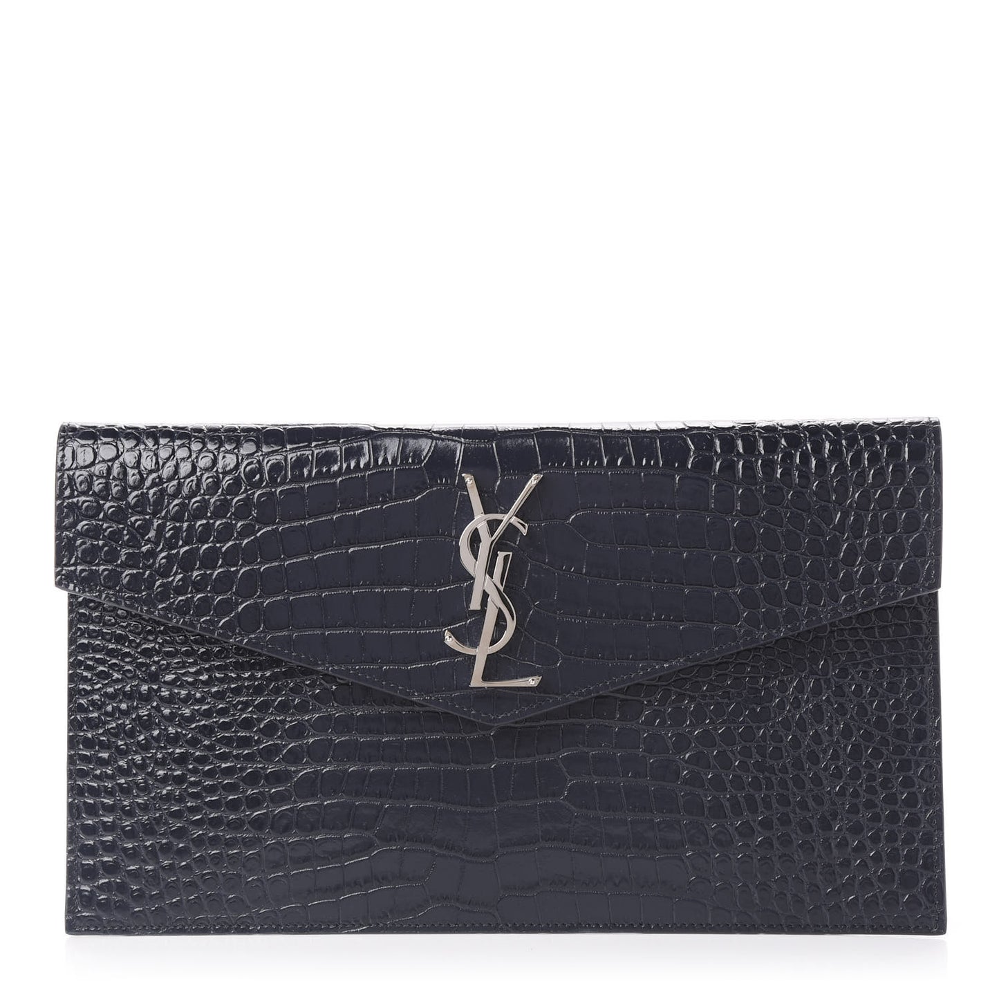 Calfskin Crocodile Embossed Uptown Monogram Clutch Deep Marine