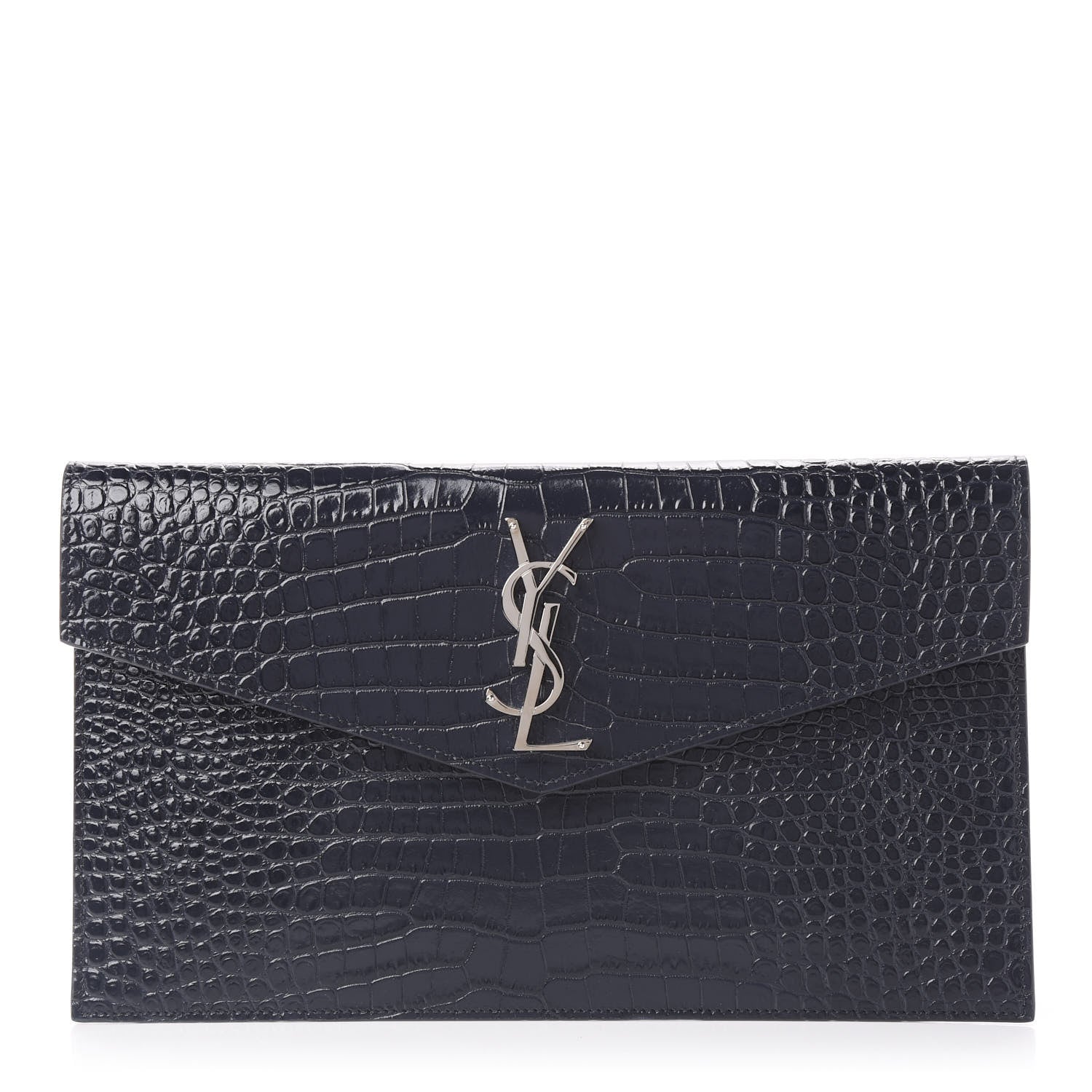 Saint Laurent Calfskin Crocodile Embossed Uptown Monogram Clutch Deep Marine 1 of 9