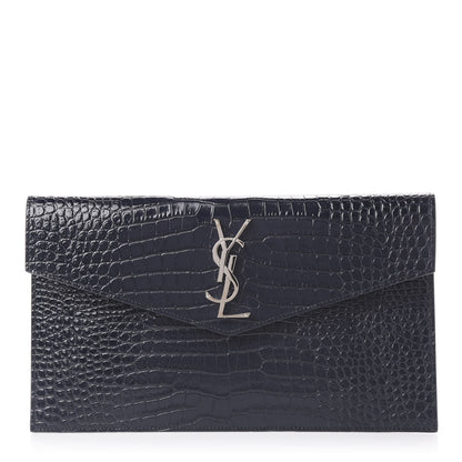 Saint Laurent Calfskin Crocodile Embossed Uptown Monogram Clutch Deep Marine 1 of 9