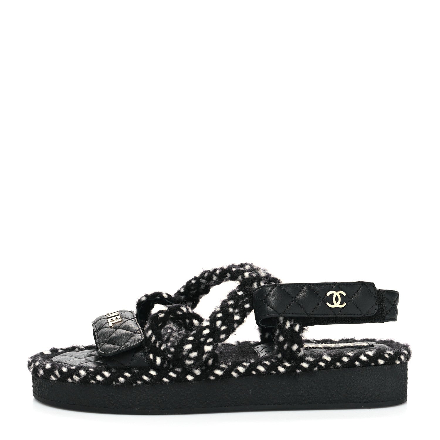 Chanel Cord Lambskin Quilted Logo Sandals 37 Black White 1 of 8