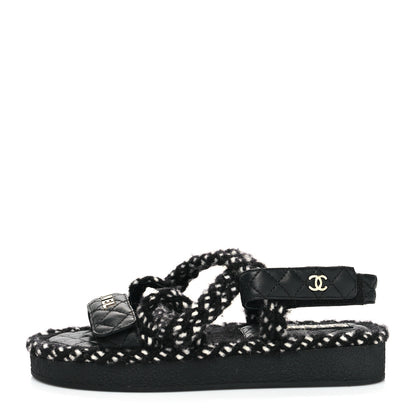Chanel Cord Lambskin Quilted Logo Sandals 37 Black White 1 of 8