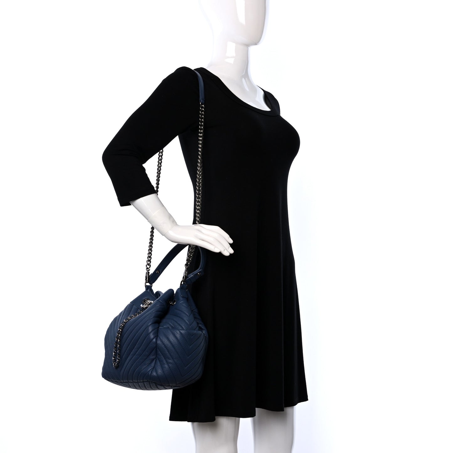Deerskin Chevron Medium CC Chain Bucket Drawstring Bag Navy Blue