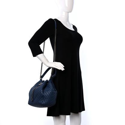 Chanel Deerskin Chevron Medium CC Chain Bucket Drawstring Bag Navy Blue 2 of 11