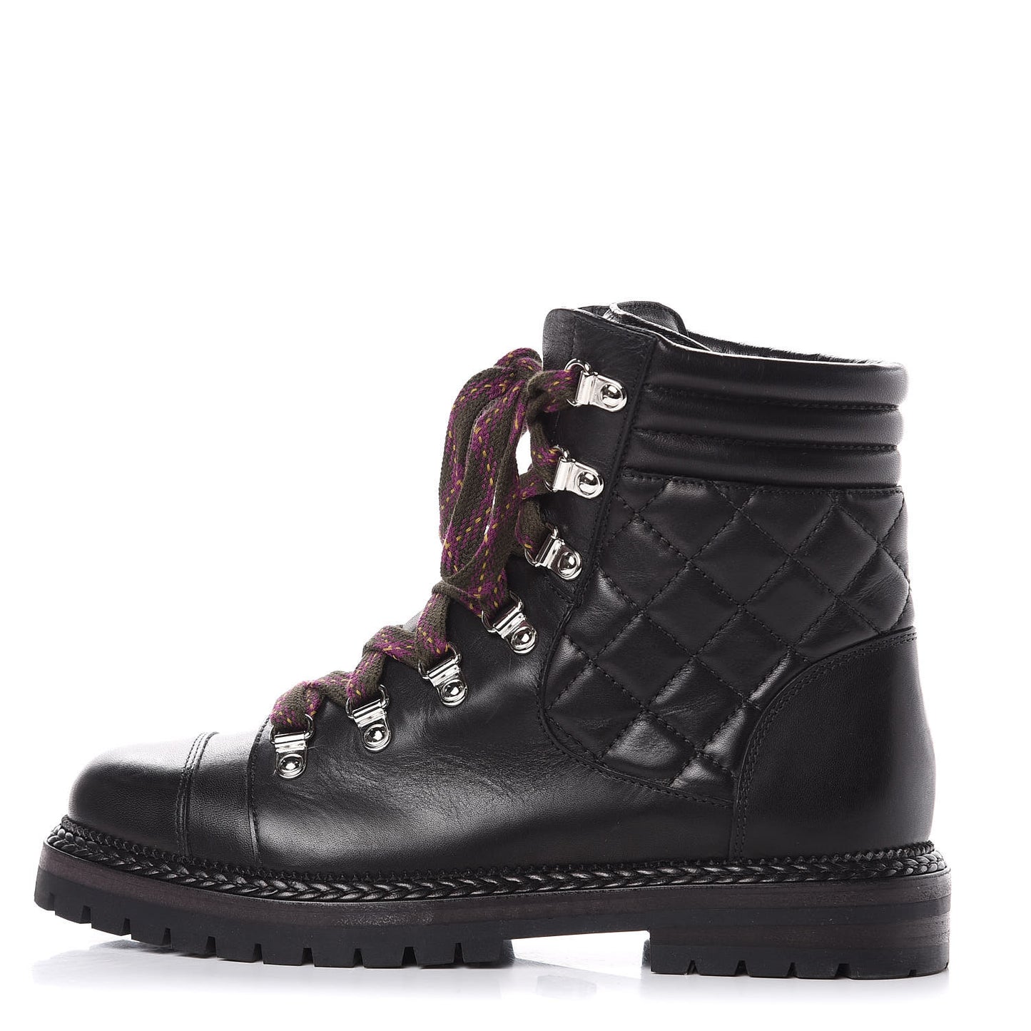 Lambskin Quilted Lace Up Boots 37 Black