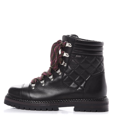 Chanel Lambskin Quilted Lace Up Boots 37 Black 1 of 8