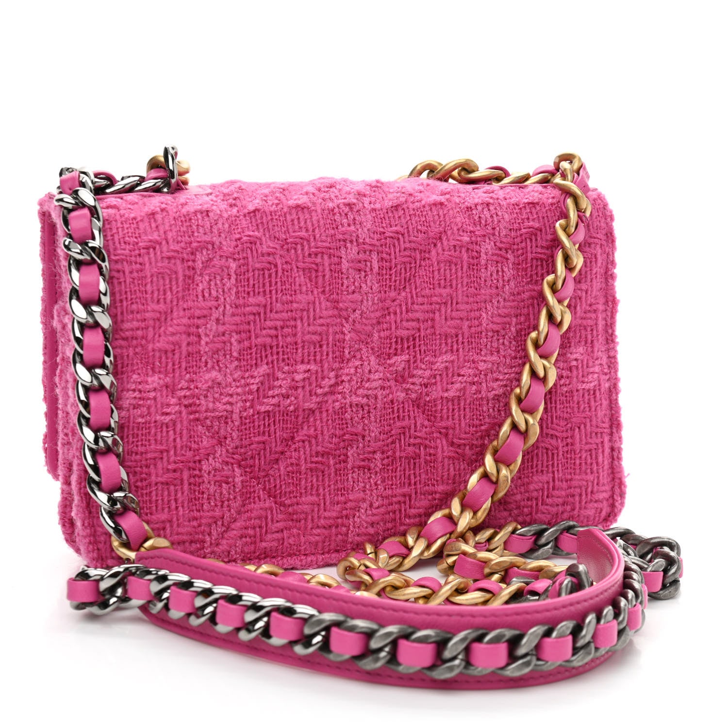 Chanel Wool Tweed Lambskin Quilted Chanel 19 Wallet On Chain WOC and Coin Purse Fuchsia 4 of 13