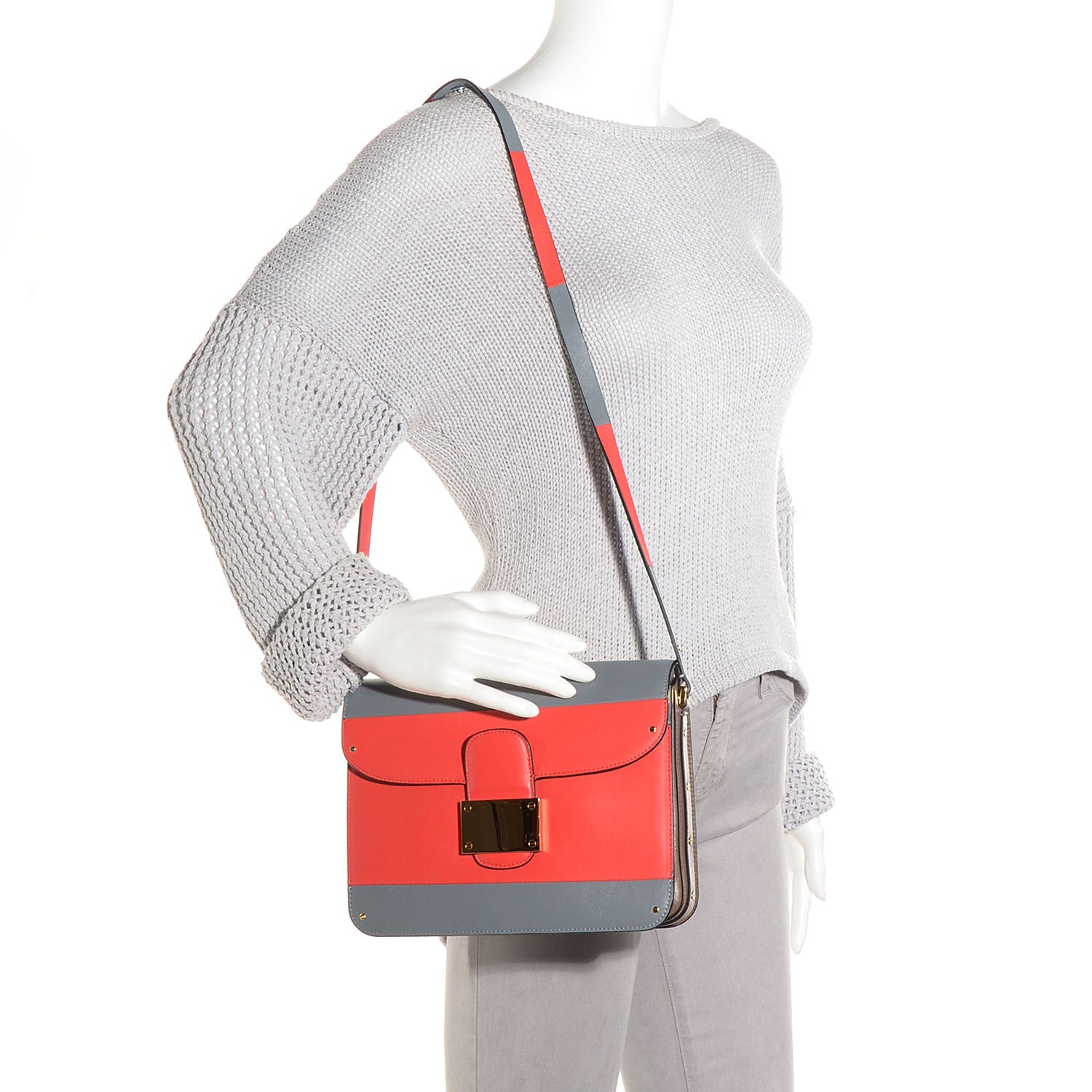 Valentino Garavani Calfskin Rivet Colorblock Shoulder Bag Grey Red 2 of 9