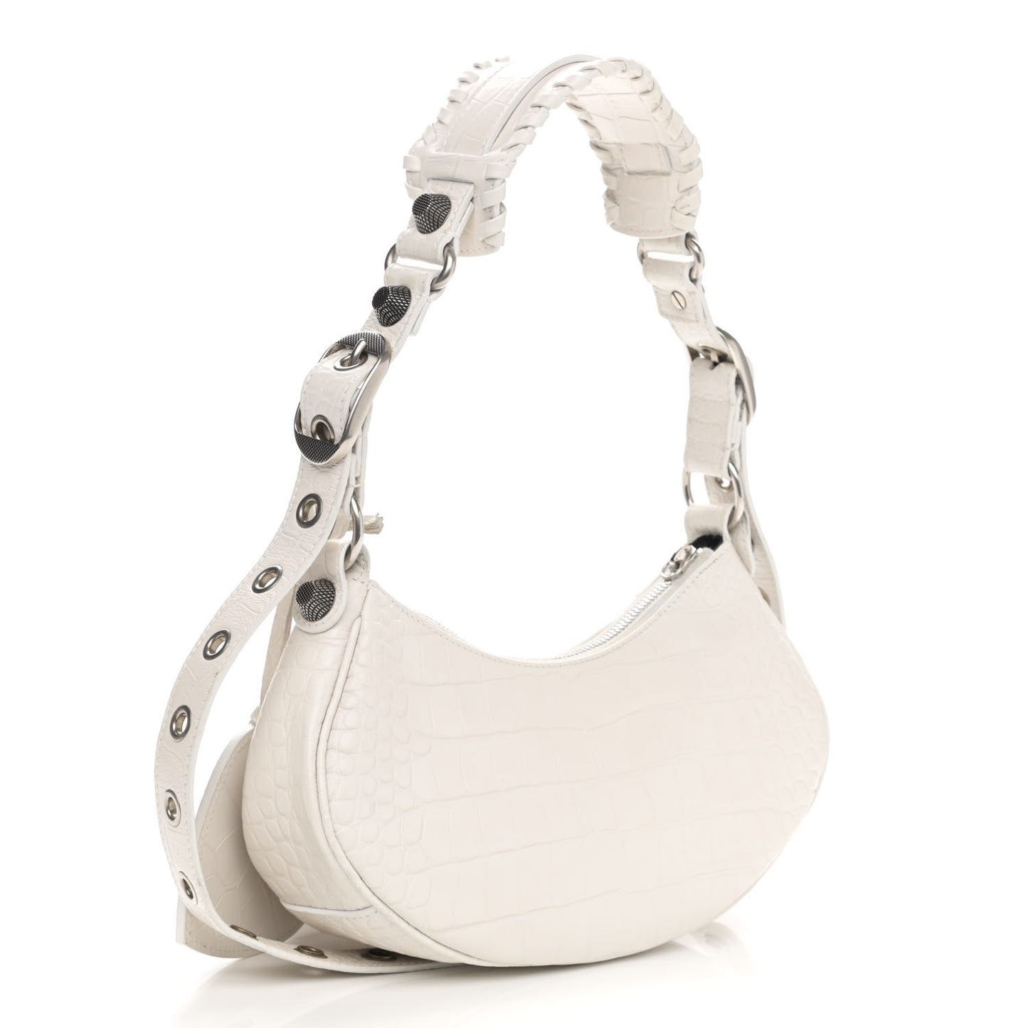 Extra Supple Calfskin Crocodile Embossed Le Cagole Shoulder Bag XS White