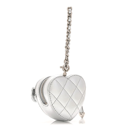 Chanel Metallic Lambskin Quilted CC Mini In Love Heart Bag Charm Silver 3 of 9