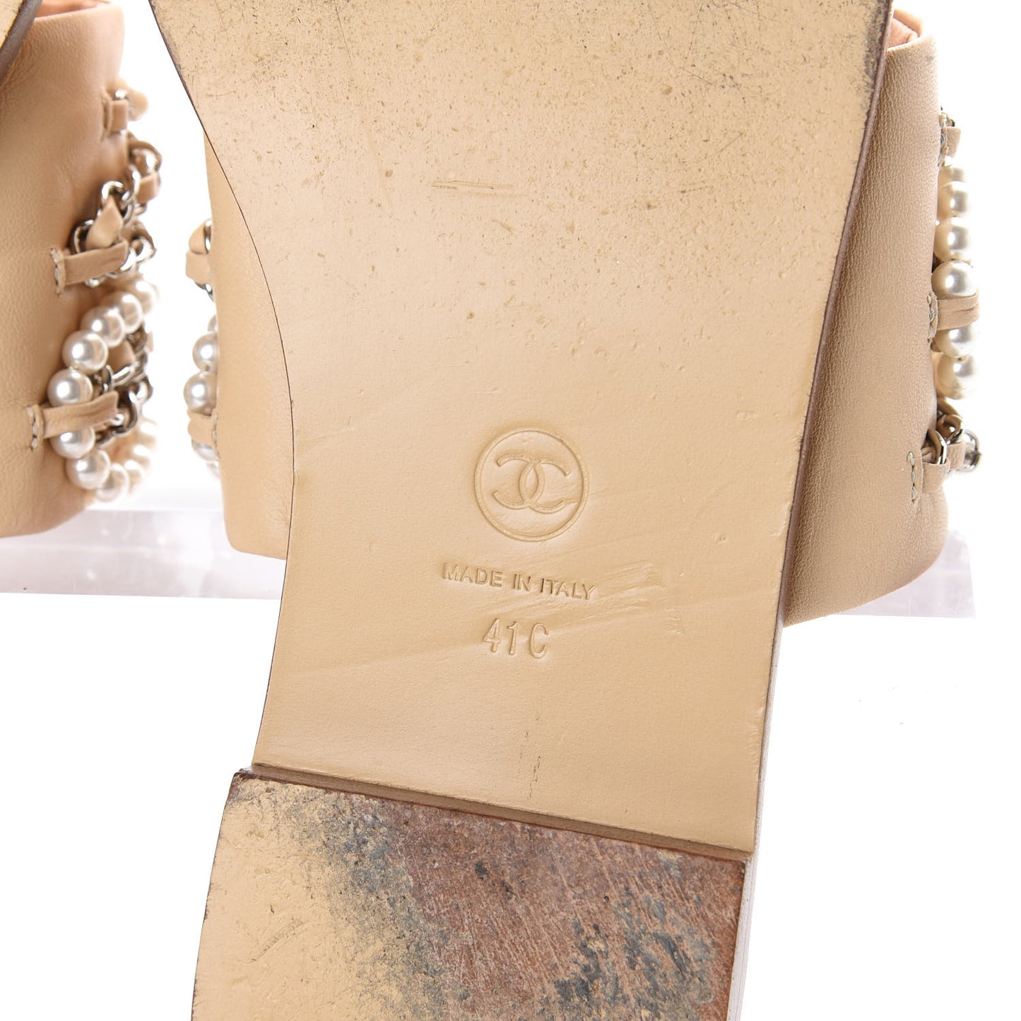 Lambskin Pearl Chain Flat Sandals 41 Beige
