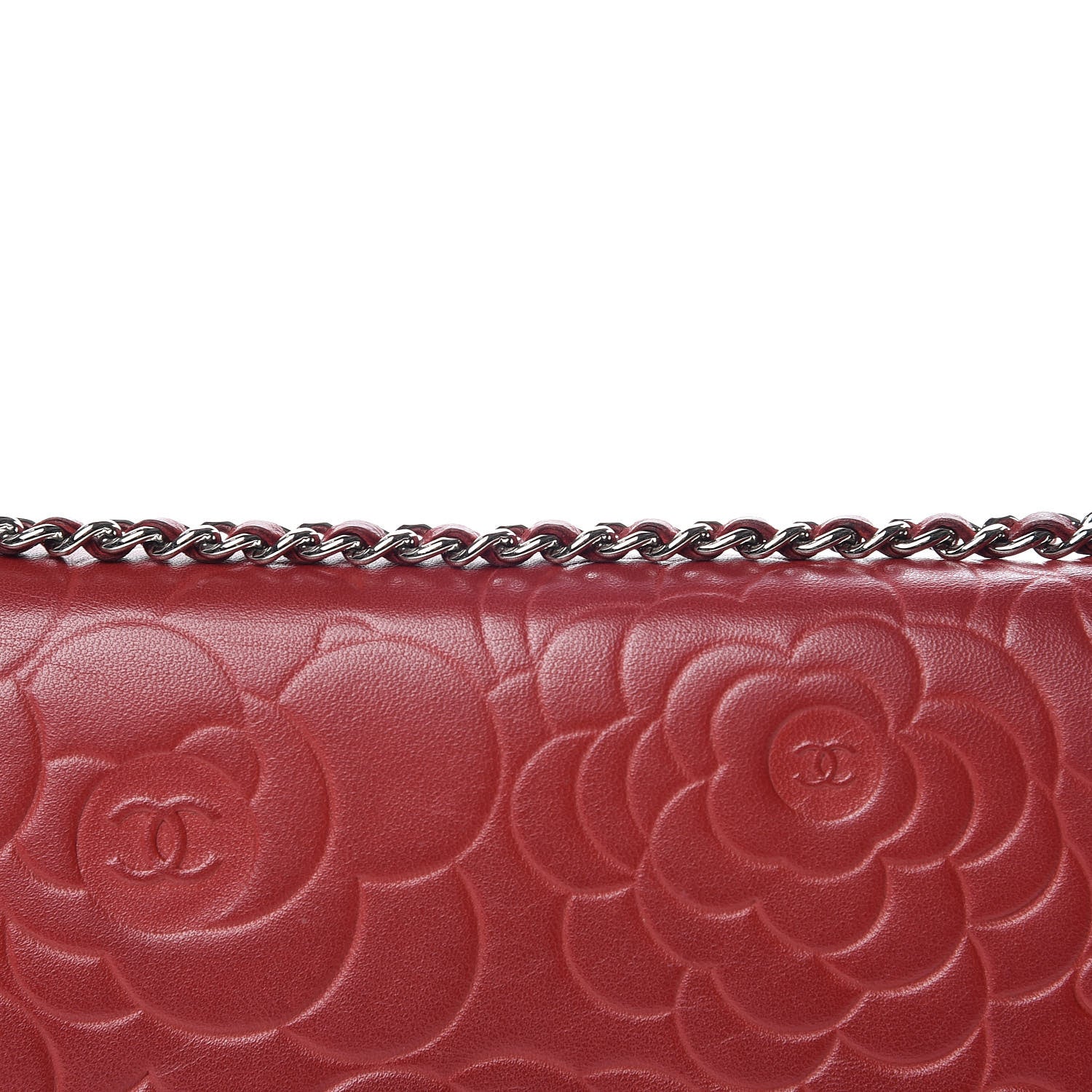 Chanel Lambskin Camellia Embossed Wallet On Chain WOC Red 11 of 19