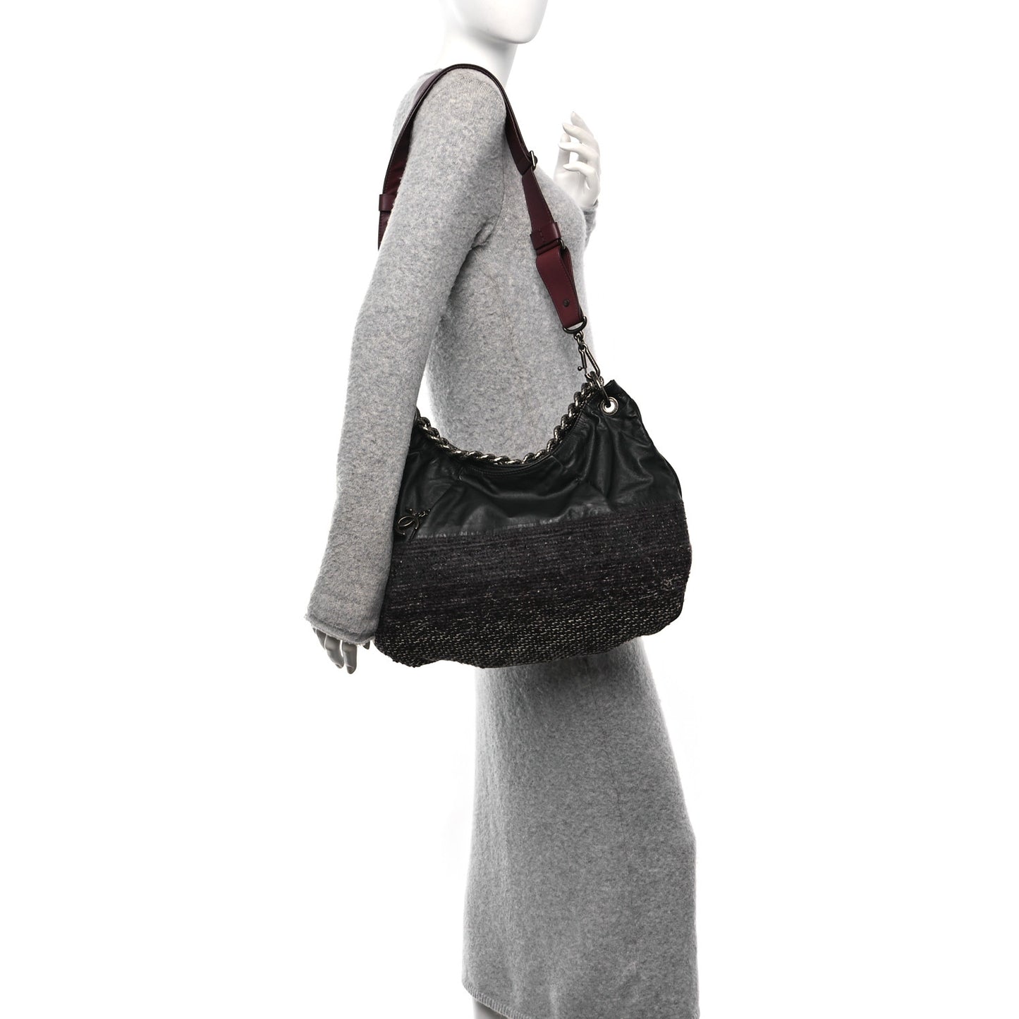 Calfskin Tweed Coco Pleats Hobo Black Burgundy