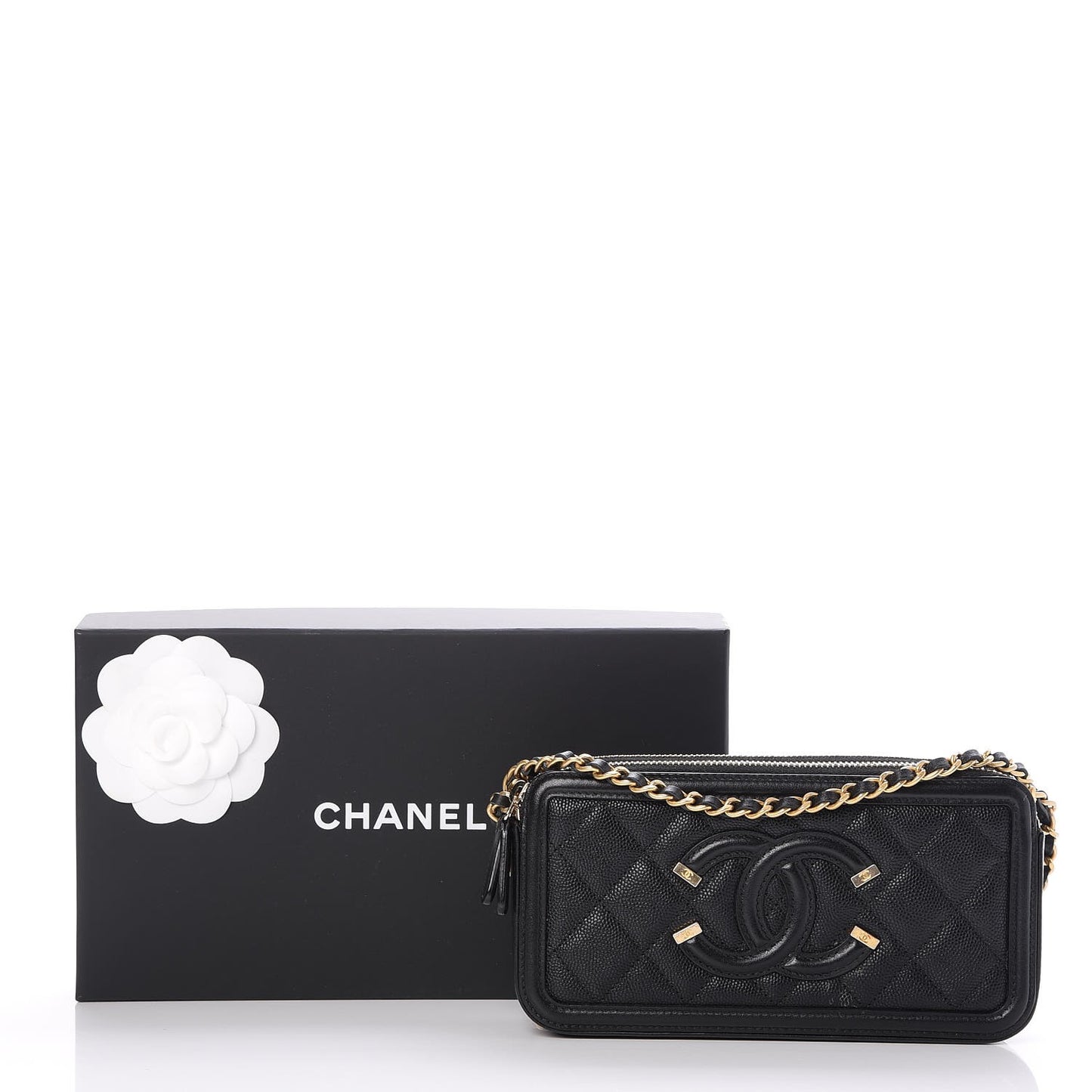 Caviar Quilted CC Filigree Clutch With Chain Black