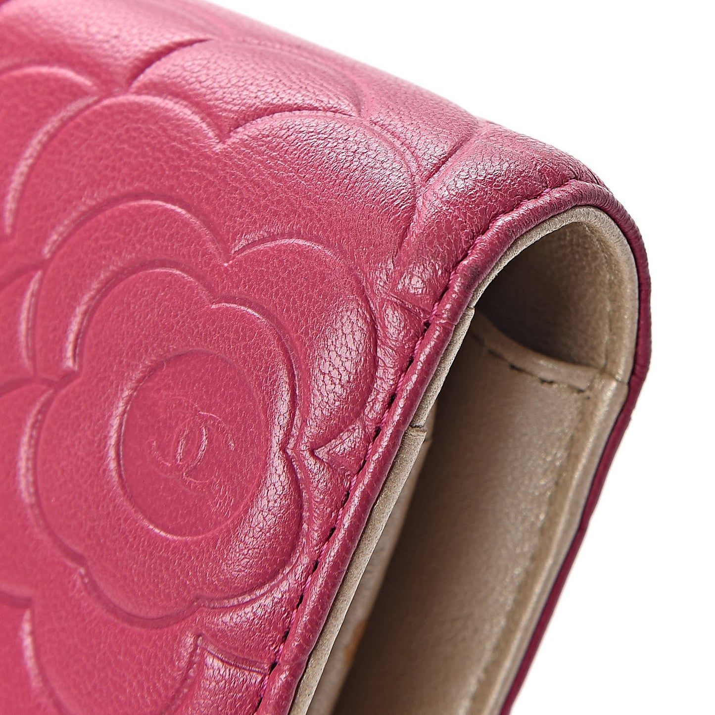 Lambskin Camellia Embossed Yen Wallet Fuchsia