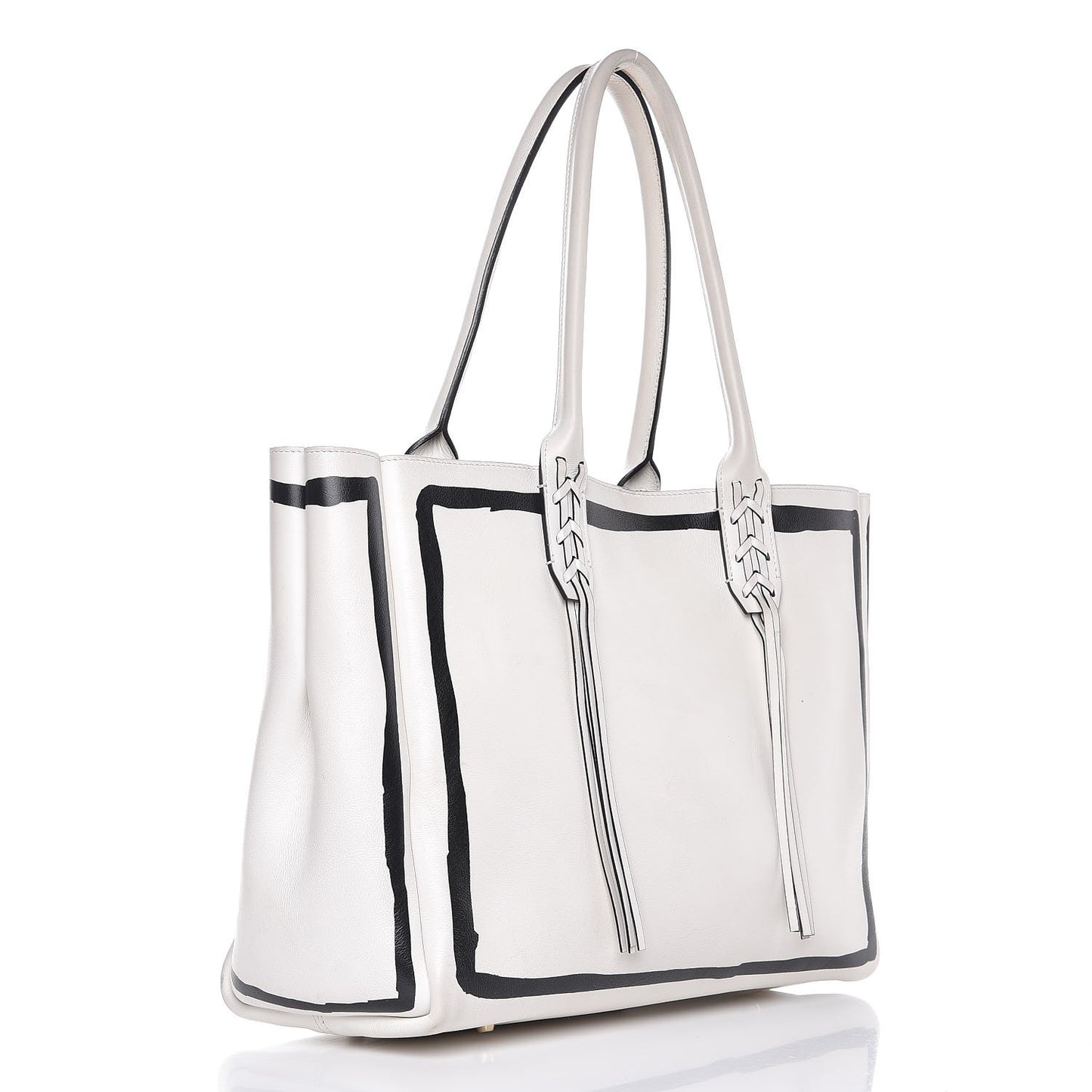 Smooth Calfskin Printed Small Fringe Shopper Tote Black White