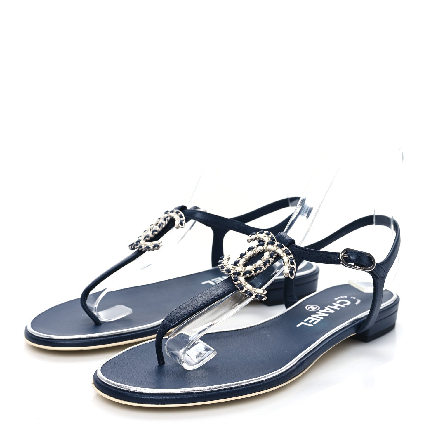 Chanel Lambskin CC Chain Thong Sandals 38 Navy 3 of 7