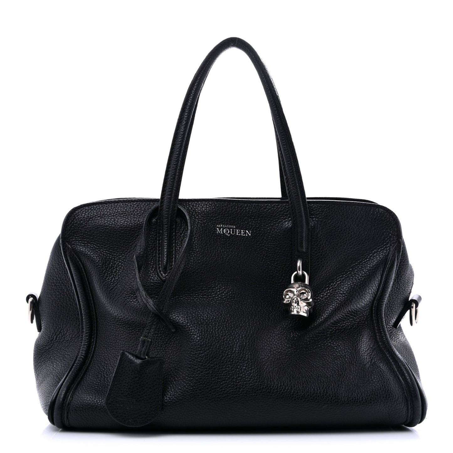 Pebbled Calfskin Mini Skull Padlock Zip Around Tote Black