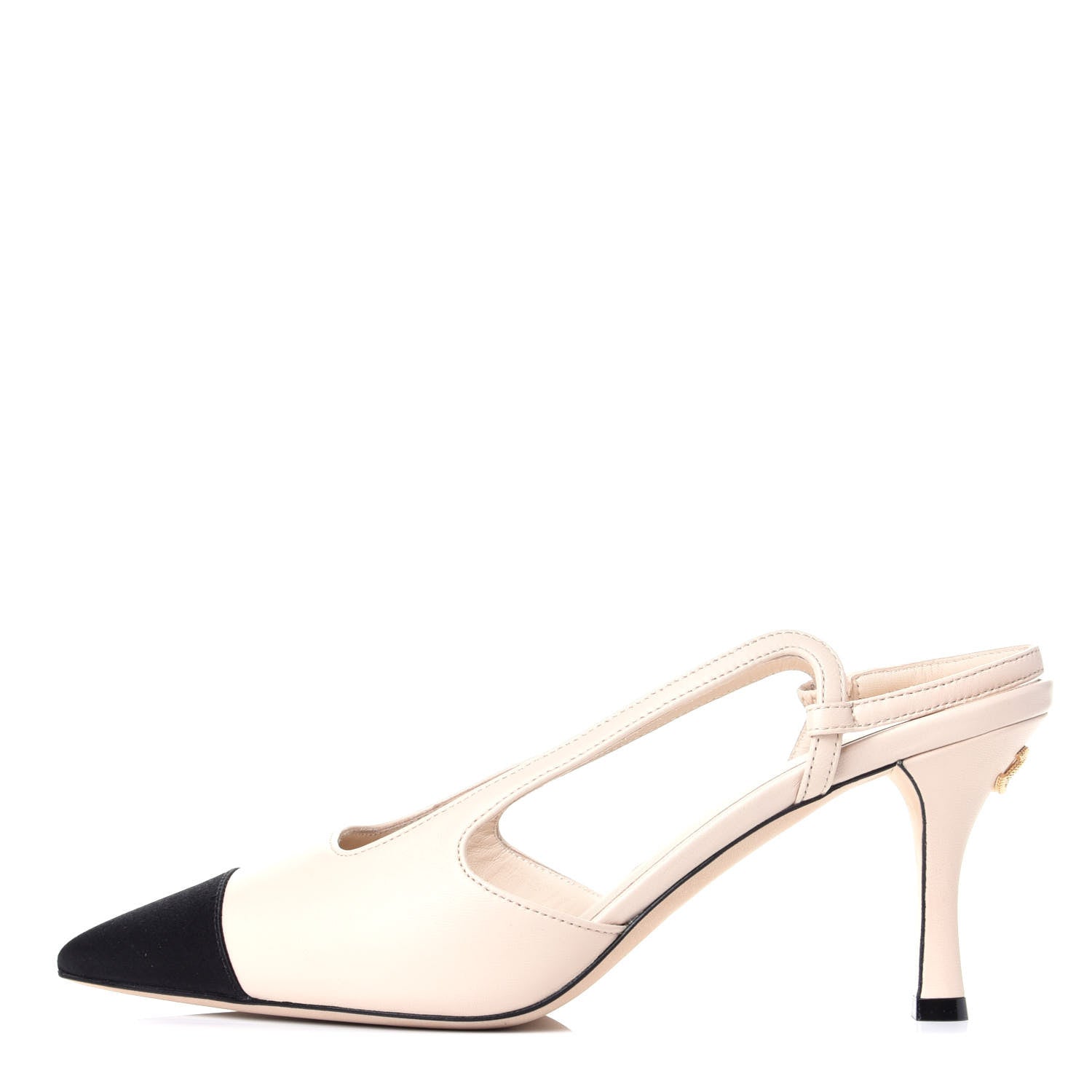 Chanel Satin Lambskin Cap Toe CC Pointed Toe Slingback Pump 37 Beige Black 1 of 10