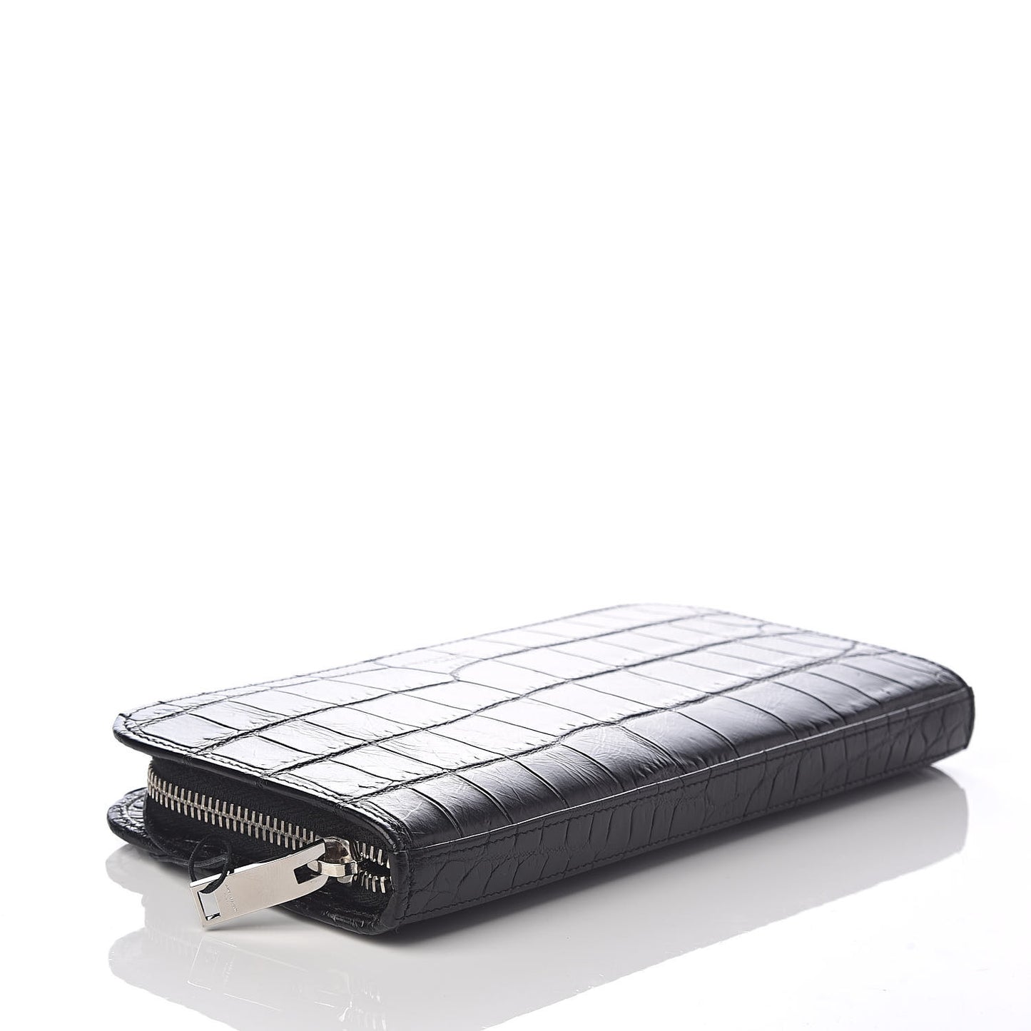 Calfskin Crocodile Embossed Classic Zip Around Continental Wallet Black