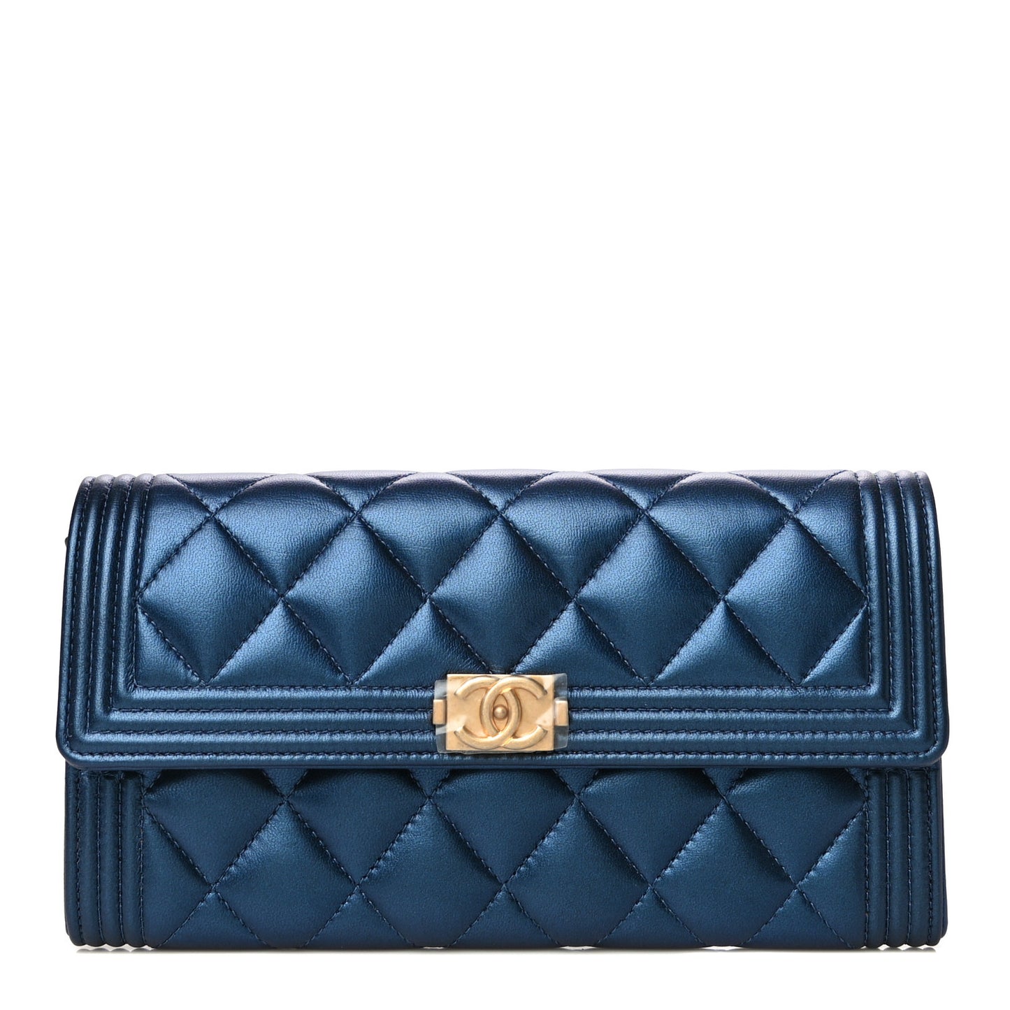 Metallic Lambskin Quilted Large Boy Gusset Flap Wallet Blue
