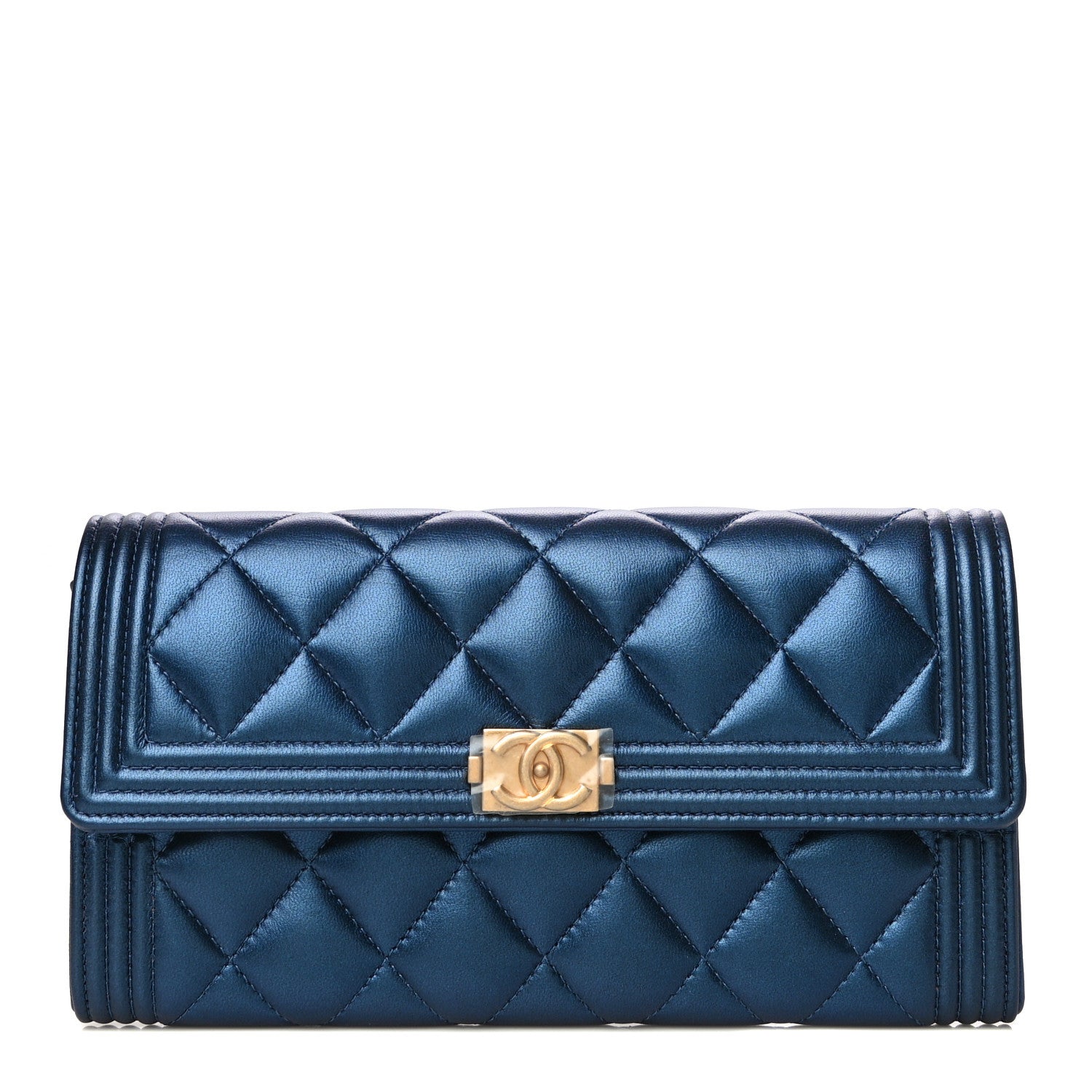 Chanel Metallic Lambskin Quilted Large Boy Gusset Flap Wallet Blue 1 of 19